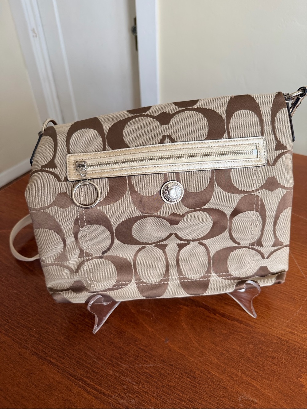 Coach Signature Jacquard Shoulder Crossbody Bag Brown Tan Pink Lining